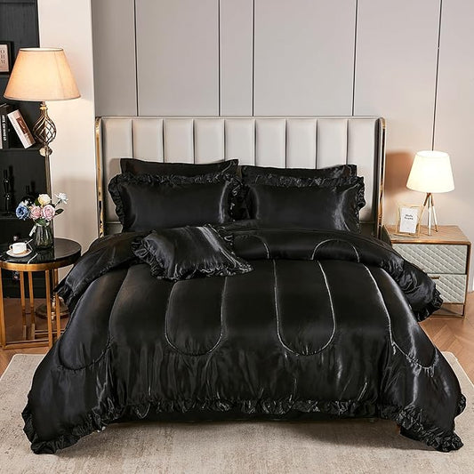 Satin Comforter Set with Sheet Set Full 8 Pcs Silk Like Black Bedding Set Silky Ruffle Pattern Luxury Silky Comforter Set with 1 Cushion Cover