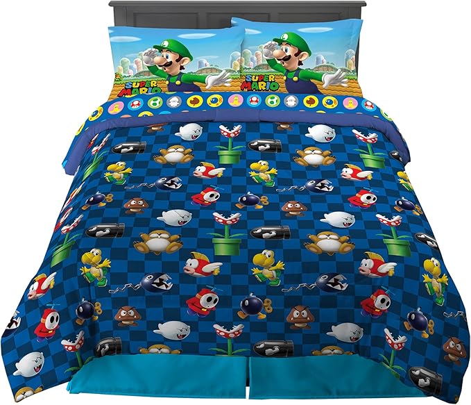 Super Mario Kids Full Size Bedding, 5 Piece Super Soft Cozy Reversible Comforter and Sheet Set, (Officially Licensed Product) By Franco