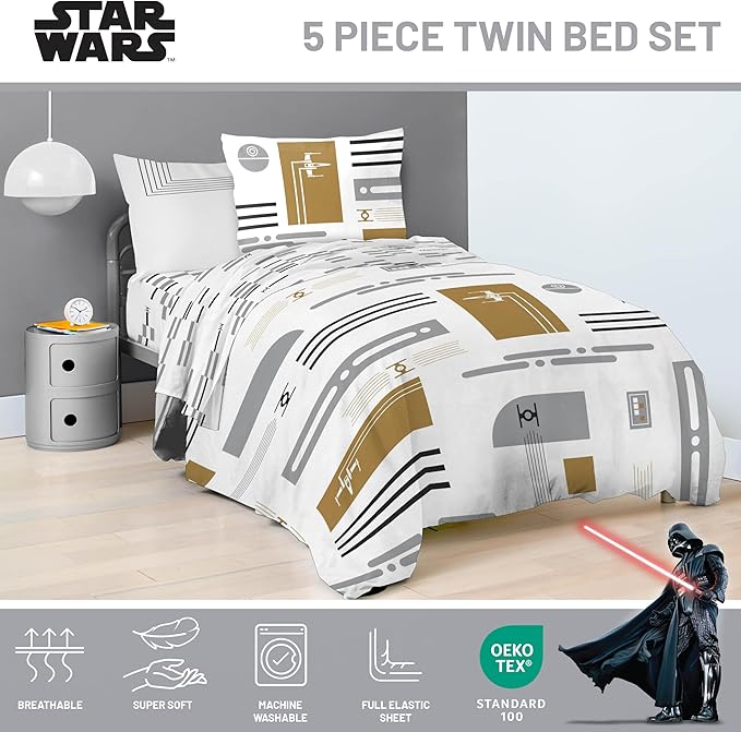 Jay Franco Comforter Set Includes Sheets and Pillow Covers - Soft and Cozy Bed Set for Stylish Room Decor, White - Star Wars, 5 Piece Twin Bedding