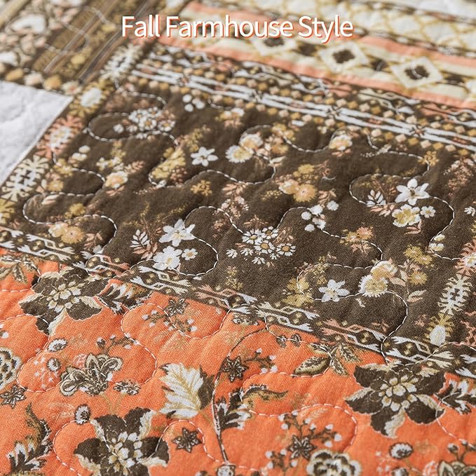 BEDIFANY Cotton California King Size Quilt for Farmhouse- Fall Patchwork Bedspread Set - Highly-Woven Soft Reversible Oversized King Size Coverlet for All Seasons (Floral Orange) 3 Pieces