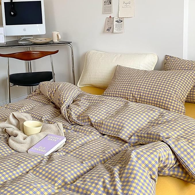 mixinni Yellow/Purple Gingham Comforter Set Full, Plaid Comforter Set 3 Pieces 1 Vintage Grid Comfoter with 2 Pillow Cases for All Seasons, Soft Fluffy Modern Grid Pattern Printed Bedding-Full Size