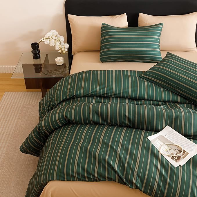 CLOTHKNOW Green Striped Queen Comforter Set Farmhouse Bedding Comforter Sets Ticking Comforter Queen Hunter Green Comforter Soft Boho