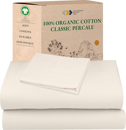 California Design Den Twin Bed Sheets Set - Soft 100% Organic Sheets with Deep Pockets, Crisp Cotton Percale, Breathable and Durable Bedding Set - Ivory (Cream Tone)
