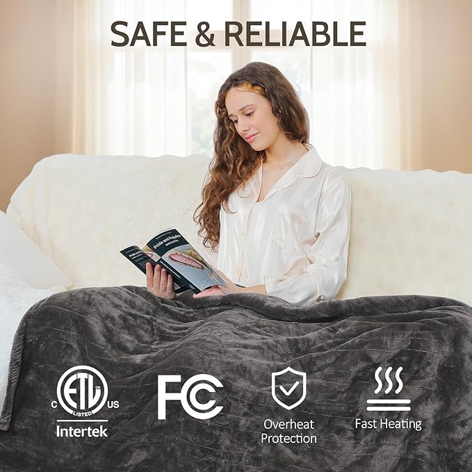 HOW'S MY HOUSE Heated Blanket 72" x 84", Electric Blanket Full Size with 12 Time Settings & 6 Heating Levels, Over-Heat Protection, Flannel Sherpa Super Cozy with ETL Certification, Charcoal