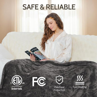 HOW'S MY HOUSE Heated Blanket Throw 50" x 60", Electric Blanket with 12 Time Settings & 6 Heating Levels, Over-Heat Protection, Flannel Sherpa Super Cozy with ETL Certification, Gray