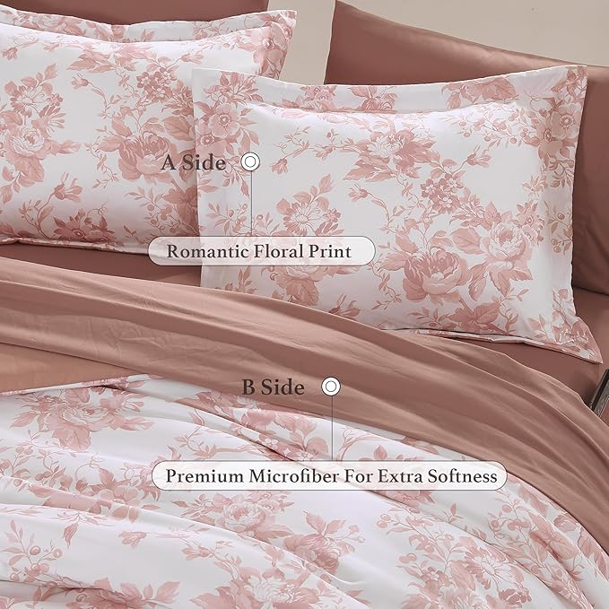 Oversized King Comforter Set -7 Pieces Floral Rose Bedding Set for All Seasons, Bed in a Bag with Botanical Flowers Comforter, Sheets, Pillowcases & Shams