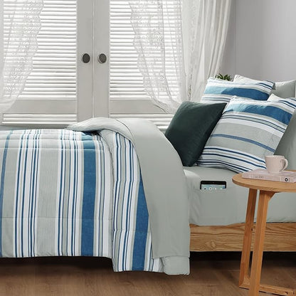 Monbix Queen Comforter Set - 7 Pieces Bed in a Bag Queen, Blue-Stripe Bedding Sets, All Seasons Comforter Bed Set with Sheets, Pillowcases & Shams