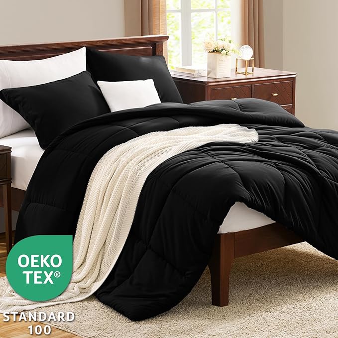 CozyLux Full Size Comforter Sets - Black Comforter Full Size, 3 Pieces Box Stitched Bed Set for All Seasons, Soft Lightweight Bedding Sets with 1 Down Alternative Comforter and 2 Pillow Shams