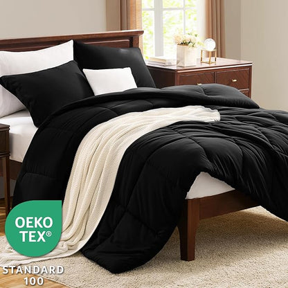 CozyLux Full Size Comforter Sets - Black Comforter Full Size, 3 Pieces Box Stitched Bed Set for All Seasons, Soft Lightweight Bedding Sets with 1 Down Alternative Comforter and 2 Pillow Shams