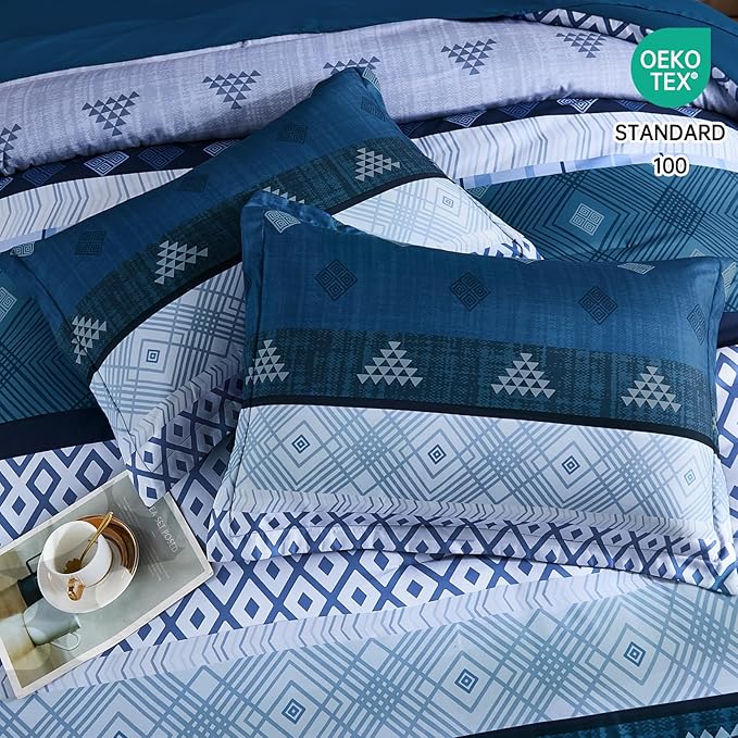 Xruibed Blue King Comforter Set 7 Pieces, Blue Boho Striped Bed in a Bag King Size Soft Microfiber All Season Bedding Set with Comforter, Sheets, Pillowcases & Shams(104"×90")
