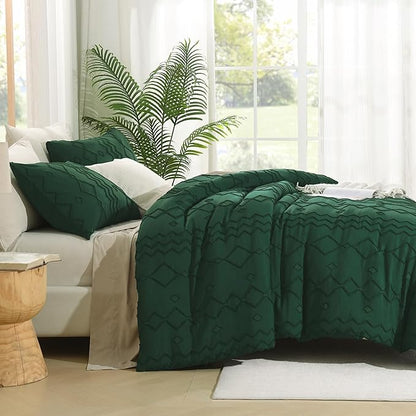 Andency Twin Size Comforter Emerald Green, 2 Pieces (1 Boho Comforter, 1 Pillowcase) Dark Green Tufted Geometric Shabby Chic Bedding, Soft Fluffy Jacquard Farmhouse Bed Set for All Season