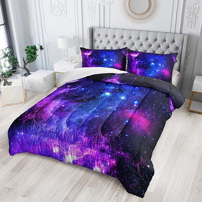 Violet Starry Sky Comforter Set - Twin Size, Kids Bedding Set with Galaxy Comforter and 2 Pillowcases