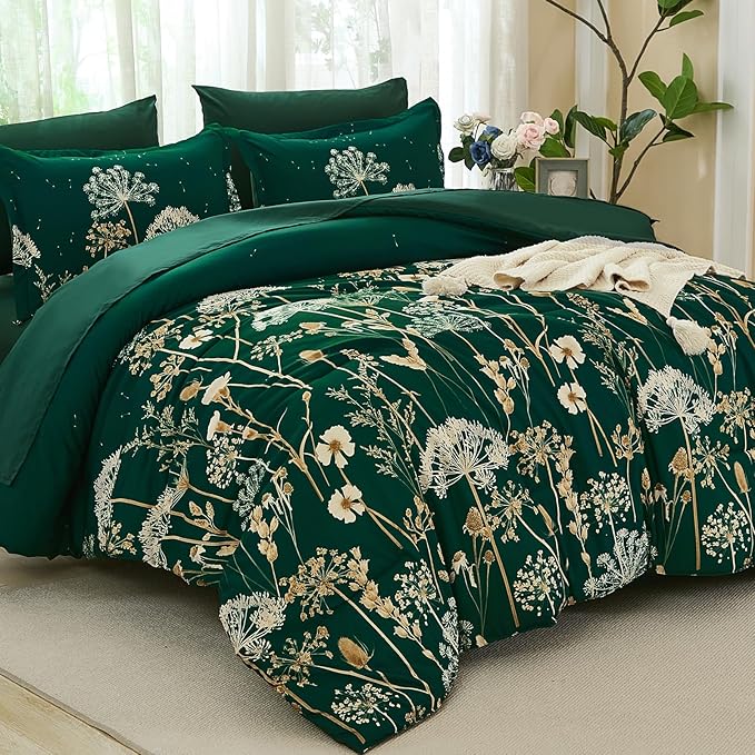 Yiran 7 Piece Comforter Set King Size, Dark Green Dandelion Floral Bedding Set, Botanical Bed in a Bag King, Soft Microfiber Complete Bedding Set with Comforter, Sheets, Pillowcases & Shams