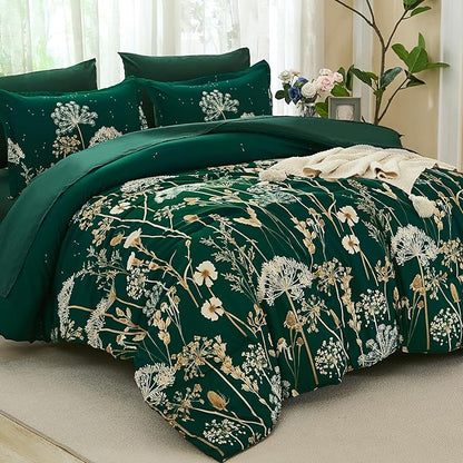 Yiran 7 Piece Comforter Set King Size, Dark Green Dandelion Floral Bedding Set, Botanical Bed in a Bag King, Soft Microfiber Complete Bedding Set with Comforter, Sheets, Pillowcases & Shams