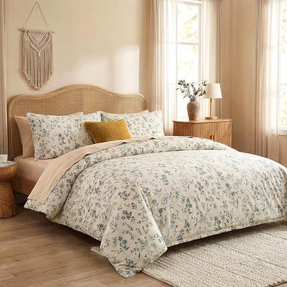 Floral Comforter Set Queen Size Green Floral Bedding Set 3 Pieces 100% Cotton Farmhouse Botanical Bedding Breathable Soft Reversible Comforter for All Seasons