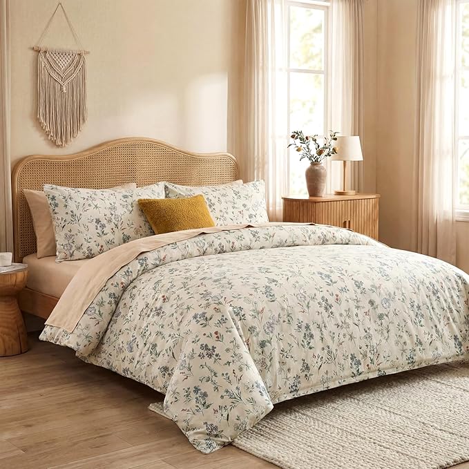 Floral Comforter Set King Size Green Floral Bedding Set 3 Pieces 100% Cotton Farmhouse Botanical Bedding Breathable Soft Reversible Comforter for All Seasons