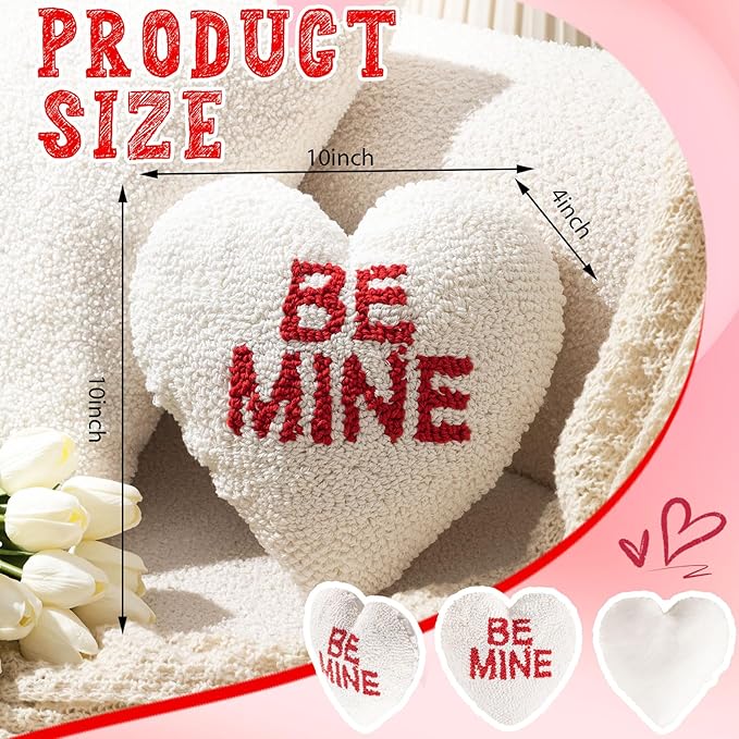 Peryiter Heart Shape Handicraft Hook Pillow 10'' x 10'' Needlepoint Heart Throw Pillow Red Be Mine for Couples Anniversary, Wedding, Party Decor, Room Cushion