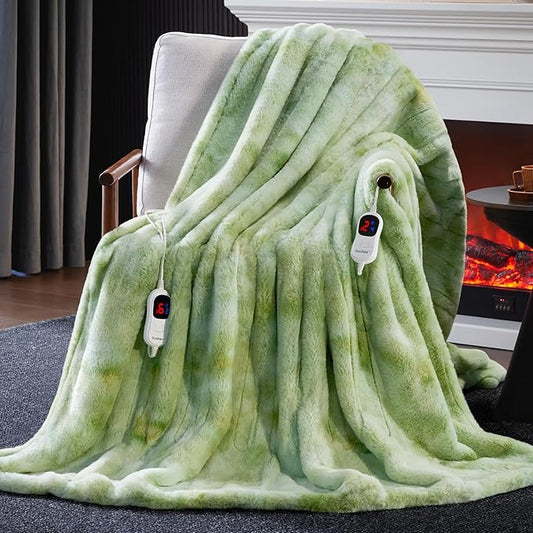 Guohaoi Heated Blanket Electric Throw, Soft Faux Rabbit Fur Electric Blanket with 10 Heating Levels 5 Sitting Timer Auto Off, Dual-Controller Heating Blankets, Machine Washable(90"×100" LightGreen)