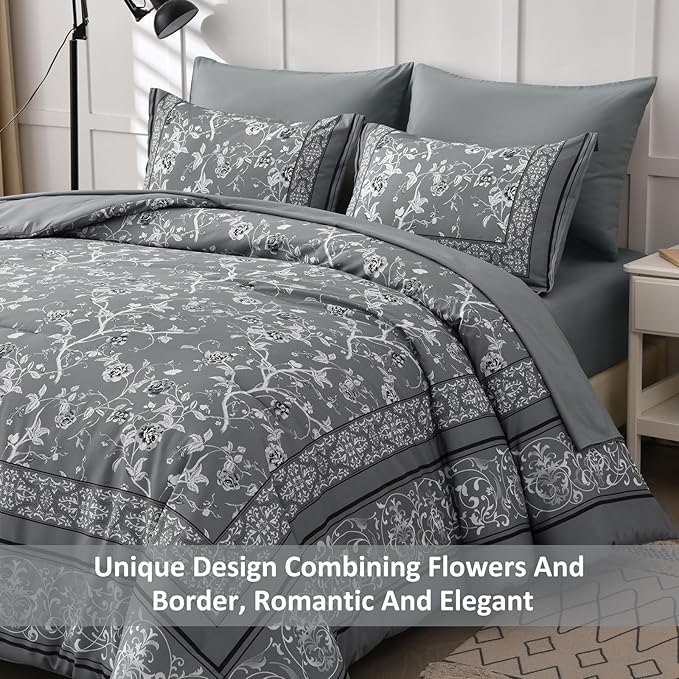 Dobuyly Grey Floral Queen Comforter Set, 7 Piece Bed in a Bag Queen Size Flowers Botanical Bedding Set, Soft Microfiber Bedding Comforter Sets with Sheets for All Season