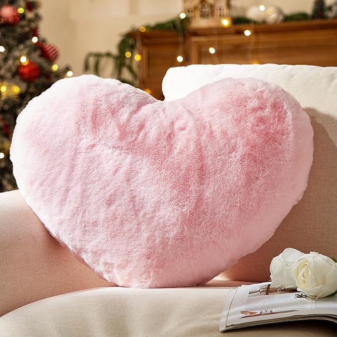 YRXRUS Valentines Heart Pillows, Love Heart Shaped Pillow, Small Cute Pink Heart Pillows for Gifts, Faux Rabbit Throw Pillows for Her, Kids, Girls Home Decoration, 10X11 Inch