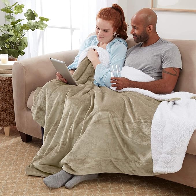 Genteele Sherpa Throw Blanket Super Soft Reversible Ultra Luxurious Plush Blanket, 60 x 70 inches, Taupe/White