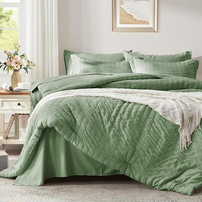 Zzlpp Twin Comforter Set - 5 Pieces, Sage Green Seersucker Bed in a Bag with Comforter, Pillow Sham, Pillowcase, Flat Sheet, Fitted Sheet