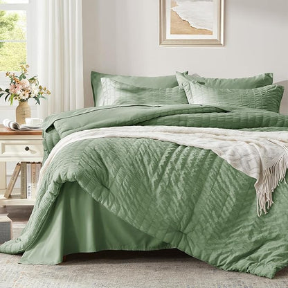 Zzlpp Twin Comforter Set - 5 Pieces, Sage Green Seersucker Bed in a Bag with Comforter, Pillow Sham, Pillowcase, Flat Sheet, Fitted Sheet