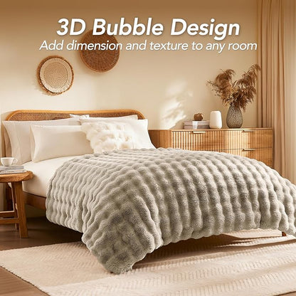 L'AGRATY Faux Rabbit Fur Blanket: 90" x 90" Queen Luxury Soft Fluffy Thick Fur Throw Blanket for Couch Bed Sofa - Cozy Plush Bubble Blankets for Winter: Flannel Fleece Decorative Blanket(Castle Grey)