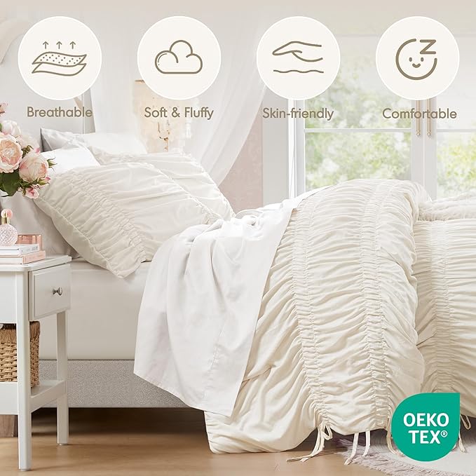 Intelligent Design Ruched Shabby Chic Comforters for King Size Bed, All Season Lightweight Comforter King, French Country Bedding Set, Sham, Ella, King/Cal King, Ivory, 3 Piece