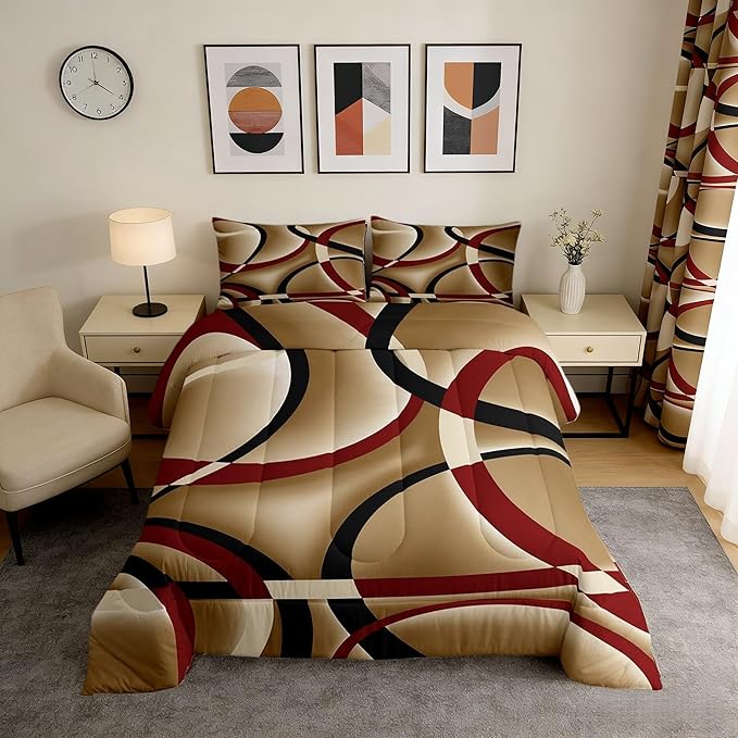 Retro Circle Comforter Set King Teens Red Brown Black Swirls Room Decor Stripe Line Art Bedding Set,Soft Lightweight Geometric Modern Duvet,Youth Young Man Quilt,1 Comforter + 2 Pillowcase