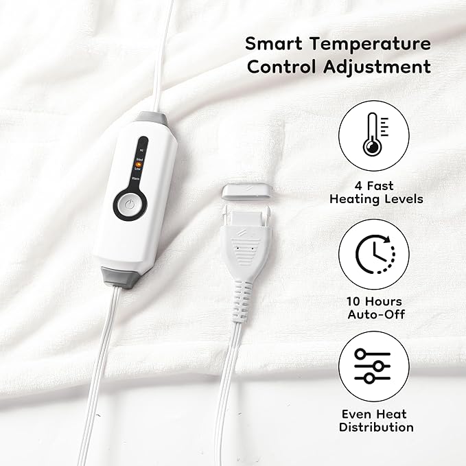 Electric Heated Blanket Full Size 72"×84", Luxurious Breathable Flannel with 4 Heat Settings, 10-Hour Auto Shut-Off & Overheat Protection, for Bed & Couch, Cozy Gift - White