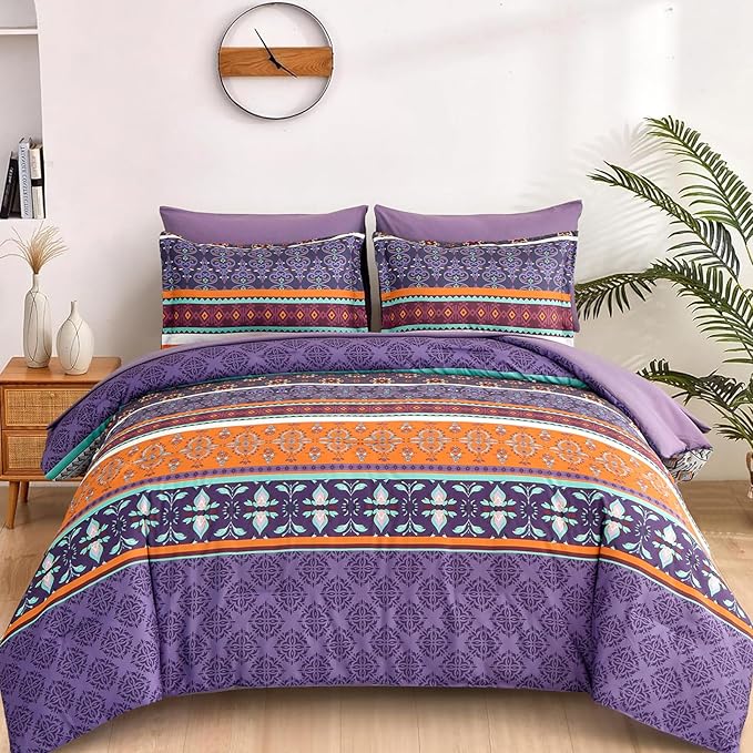 WONGS BEDDING Boho Comforter Set Queen Size,7 Pieces Bohemian Comforter Bedding Set Bed in a Bag,Purple Paisley Floral Comfortet and Sheet Set,Soft Microfiber Striped Bedding Sets for All Season
