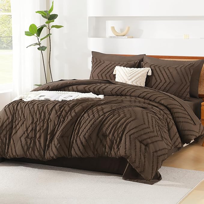 Litanika Oversized King Size Comforter Set with Sheets Brown - 7 Pieces Bed in a Bag Oversized King Boho Tufted Complete Bedding Sets with Comforter, Sheets, Pillowcases & Shams