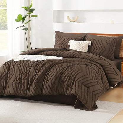 Litanika California King Size Comforter Set with Sheets Brown - 7 Pieces Bed in a Bag Cal King Chevron Tufted Complete Bedding Sets with Comforter, Sheets, Pillowcases & Shams