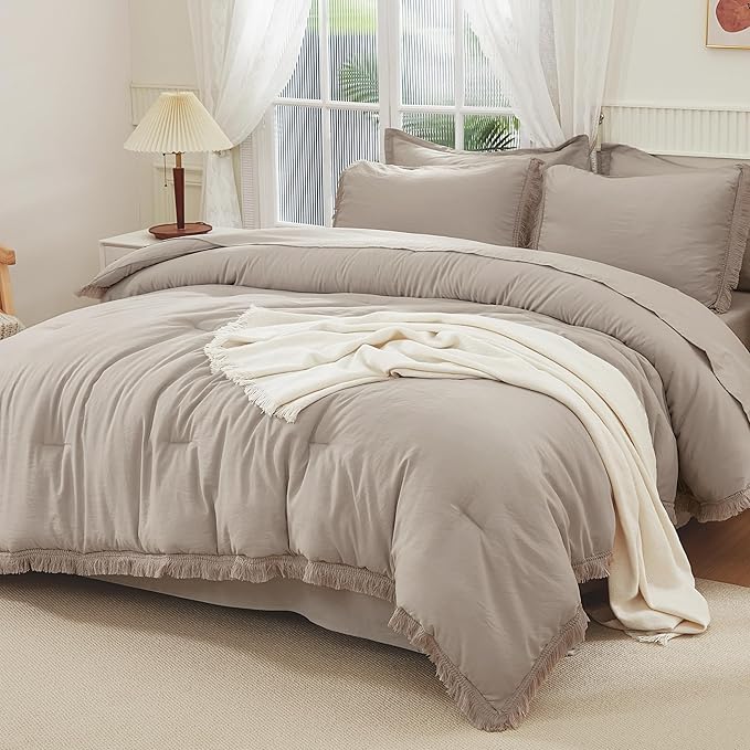 Andency Wheat King Size Comforter Set with Sheets - 7 Pieces Boho Tassel Bed in a Bag Soft Lightweight Bedding Sets, Wheat Fringe Bed Set with Comforter, Sheets, Pillowcases & Shams