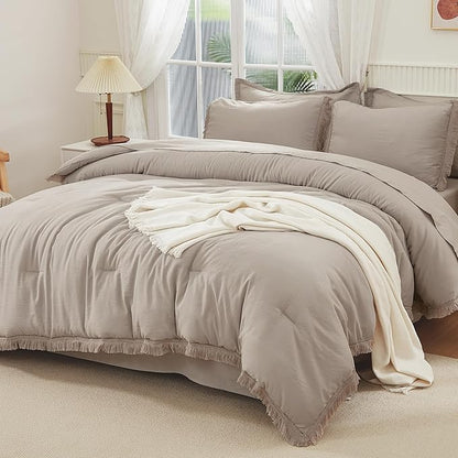 Andency Wheat Full Size Comforter Set with Sheets - 7 Pieces Boho Tassel Bed in a Bag Soft Lightweight Bedding Sets, Wheat Fringe Bed Set with Comforter, Sheets, Pillowcases & Shams