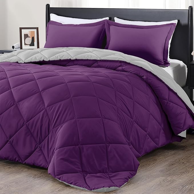 downluxe King Size Comforter Set - Purple and Grey King Comforter, Soft Bedding Sets for All Seasons -3 Pieces - 1 Comforter (104"x92") and 2 Pillow Shams(20"x36")