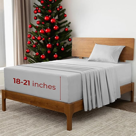 Mellanni Extra Deep Twin XL Sheets - 3 PC Iconic Collection Bedding - Hotel Luxury, Ultra Soft, Cooling Bed Sheets - Wrinkle, Fade, Stain Resistant (Twin Extra Long, Light Gray)