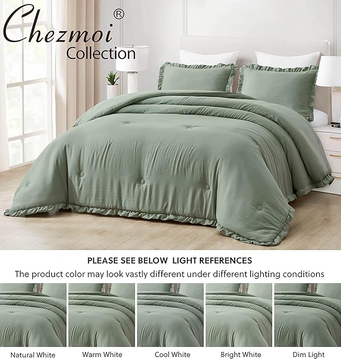 Chezmoi Collection Nora Sage Green Comforter Set Ovesized King 3-Piece Fluffy Soft Stone-Washed Ruffled Shabby Chic Bedding for All Season