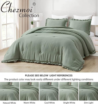 Chezmoi Collection Nora Sage Green Comforter Set King Size 3-Piece Fluffy Soft Stone-Washed Ruffled Shabby Chic Bedding for All Season