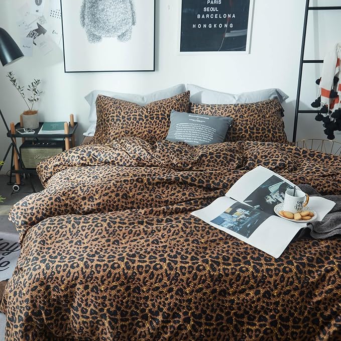 mixinni Leopard Print Comforter Set Full-3 Pieces Animal Cheetah Printed Comforter Sexy Soft Fluffy Brown/Black Floral Print Bedding Set with 2 Pillowcases for All Season-Full Size