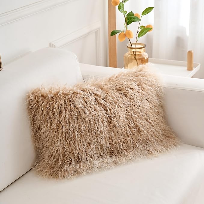Genuine Mongolian Lamb Fur Pillow Cover – 12"x20" Rectangular Cushion Case – Soft Curly Wool Decorative Accent for Sofa, Bed, or Chair (Frosted Beige)