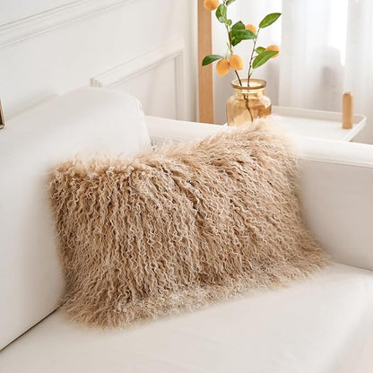 Genuine Mongolian Lamb Fur Pillow Cover – 12"x20" Rectangular Cushion Case – Soft Curly Wool Decorative Accent for Sofa, Bed, or Chair (Frosted Beige)