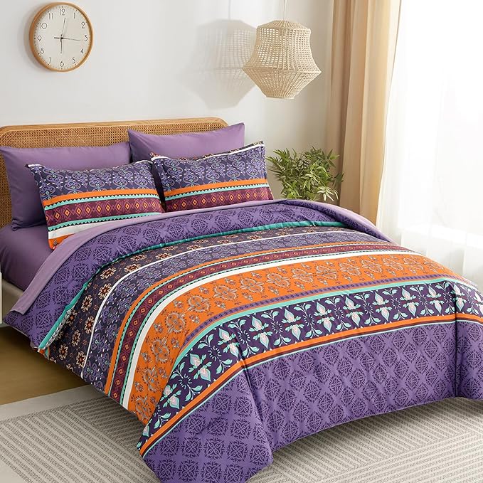 WONGS BEDDING Boho Comforter Set King Size,7 Pieces Bohemian Striped Bedding Comforter Set Bed in a Bag,Purple Paisley Floral Comfortet and Sheet Set,Soft Microfiber Bedding Sets for All Season