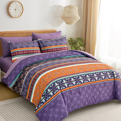 WONGS BEDDING Boho Comforter Set King Size,7 Pieces Bohemian Striped Bedding Comforter Set Bed in a Bag,Purple Paisley Floral Comfortet and Sheet Set,Soft Microfiber Bedding Sets for All Season