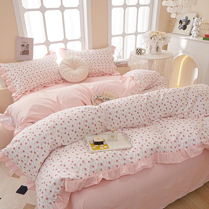 HighBuy Pink Floral Queen Comforter Set Ruffled Coquette Cottagecore Bedding Comforter for Women Girl Lightweight Fluffy Flower Comforter Set 1 Pink Striped Comforter with 2 Pillowcases