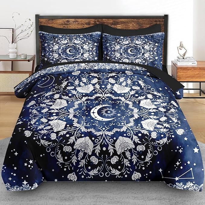 Comforter Set Twin Size, Astrology Sun Moon 5 Pcs Bedding for Kids and Adults, Blue Starry Flower Bed Sheet Sets with Fitted Sheet Pillowcase & Sham for Bedroom Bed Decor