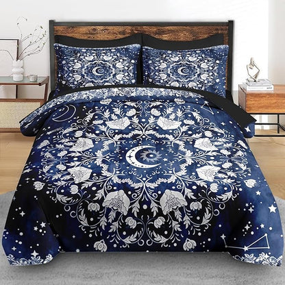 Comforter Set Twin Size, Astrology Sun Moon 5 Pcs Bedding for Kids and Adults, Blue Starry Flower Bed Sheet Sets with Fitted Sheet Pillowcase & Sham for Bedroom Bed Decor