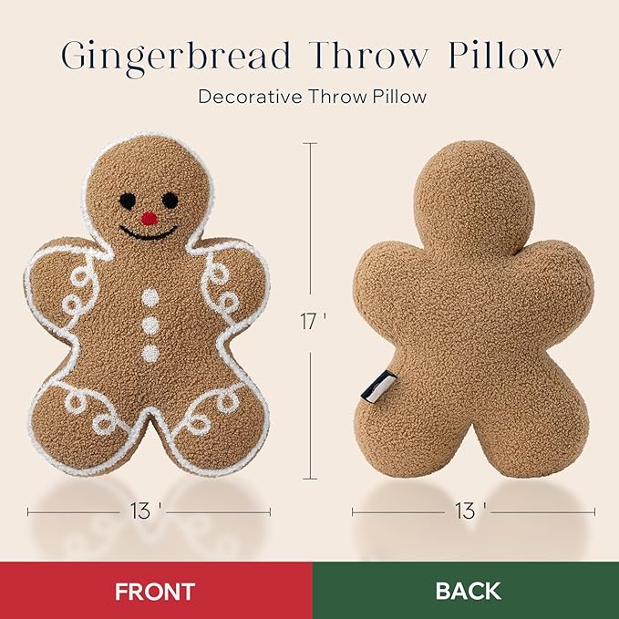 Phantoscope Gingerbread Man Merry Christmas Throw Pillow, Plush Teddy Xmas Gingerbread Shaped Pillows Christmas Decorative Pillow for Couch Living Room Bed, Beige,13 x 17 inches