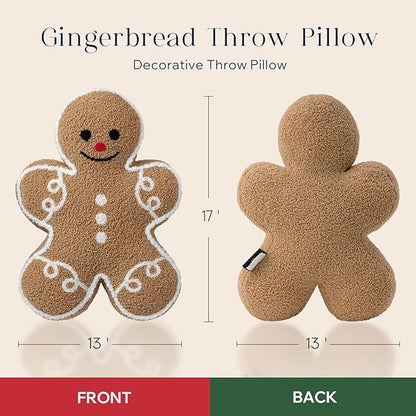 Phantoscope Gingerbread Man Merry Christmas Throw Pillow, Plush Teddy Xmas Gingerbread Shaped Pillows Christmas Decorative Pillow for Couch Living Room Bed, Beige,13 x 17 inches